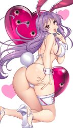 :o animal_ears ass ass_focus ass_grab backlighting beach bikini breasts bullet_hole commentary_request day female finger_to_mouth foot_out_of_frame grabbing_own_ass hair_intakes halterneck hand_on_own_ass hand_up hataraki_kuma heart highres horizon large_breasts legs looking_at_viewer looking_back outdoors panties purple_eyes purple_hair rabbit_ears rabbit_tail reisen_udongein_inaba side-tie_bikini_bottom sideboob solo string_bikini surprised swimsuit tail thighs touhou underwear water