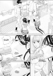 2boys 2girls big_balls big_dick big_penis blowjob blowjob_face boner chitose faceless_male glasses hand_on_hip hand_on_penis hi_res imminent_blowjob large_penis larger_male nishina_chitose_(chitose) original_characters partially_clothed_male penis_size_difference ribbon saliva school school_uniform seto_yuuki small_penis smaller_male thick_arms thick_legs thick_penis uncensored