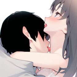 ai_generated black_hair clothed clothed_male_nude_female day_when_world_become_free gray_eyes gray_hair hugging iris kissing_neck licking_neck looking_up open_mouth tongue tongue_out underwear