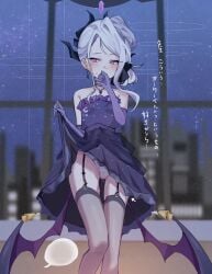 1boy absurdres black_horns blue_archive clothes_lift coa_(35_seno) commentary demon_horns demon_wings doodle_sensei_(blue_archive) dress dress_lift earrings elbow_gloves evening_gown female floating_earrings garter_straps gloves halo highres hina_(blue_archive) hina_(dress)_(blue_archive) horns jewelry lifting_own_clothes long_hair looking_to_the_side multiple_horns necklace official_alternate_costume official_alternate_hairstyle panties pendant purple_dress purple_eyes purple_gloves purple_thighhighs purple_wings pussy_juice pussy_juice_drip_through_clothes pussy_juice_stain sensei_(blue_archive) strapless strapless_dress thighhighs translated underwear white_hair white_panties wings