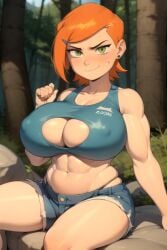 aged_up ai_generated ben_10 big_breasts chubby daidouji_(artist) daidoujipv green_eyes gwen_tennyson huge_breasts human orange_hair outdoors shortstack solo tagme