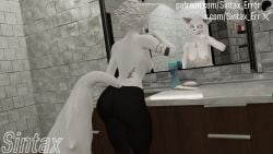 3d_(artwork) anthro arm_tattoo ass bathroom big_butt breasts brush brushing brushing_teeth canid canine clothed clothing digital_media_(artwork) domibun female fox fur gisa_lenshin hi_res leggings legwear mammal maxine_(domibun) mirror mirror_reflection nipples partially_clothed reflection solo tail tattoo teeth topless warfare_machine white_body white_fur