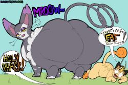 2024 angry anthro ass bedroom_eyes big_ass big_butt blue_background curled_tail dialogue duo english_text fangs female feral fur generation_1_pokemon generation_4_pokemon gradient_background grass grey_body grey_fur hi_res huge_ass huge_butt huge_hips larger_female lidded_eyes looking_at_another looking_back looking_back_at_another lying male meowth narrowed_eyes nintendo nude on_front on_ground open_mouth overweight overweight_female overweight_feral plant pokémon_(species) pokemon pokemon_(species) profanity purple_ears purugly quadruped seductive signature simple_background size_difference slightly_chubby speech_bubble standing sushiamazing tail talking_to_another tan_body tan_fur teeth text thick_thighs whiskers white_body white_fur wide_eyed wide_hips