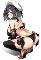 armor armored_gloves back back_view beret bikini_armor blush character_request hirowa_nagi huge_ass large_breasts leggings looking_back rear_view squatting transparent_background very_sweaty