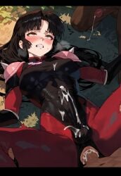 1futa 2boys ahe_gao ai_generated anal anal_access athletic_futanari black_hair blush bodysuit clenched_teeth cum cum_in_ass cum_on_penis cum_under_clothes cum_while_penetrated dark-skinned_male erect_while_penetrated erection erection_under_clothes eyes_rolling_back from_behind futa_sans_pussy futanari futanari_penetrated heavy_breathing interracial inuyasha male_on_futa missionary missionary_position motion_lines muscular_futanari nai_diffusion novelai on_back penis_peek sango shemale sweat untoucherble