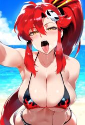 1girls ahegao ai_generated bangs beach bikini blush breasts cleavage collarbone day deep_cleavage depressu fellatio_gesture full_cleavage hair_between_eyes hair_ornament heart large_breasts long_hair looking_at_viewer navel ocean open_mouth ponytail red_hair shorts sidelocks skull_hair_ornament solo sweat swimsuit symbol-shaped_pupils tengen_toppa_gurren_lagann tongue tongue_out very_long_hair yellow_eyes yoko_littner