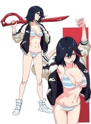 1girls armpits arms_up belly belly_button big_breasts bikini bikini_under_clothes black_hair blade blue_hair blush blushing busty dark_hair fat_breasts female female_only flat_belly jacket kill_la_kill large_breasts light_skin light_skinned_female matoi_ryuuko minuranakatawa multicolored_hair red_hair_stripe revealing_clothes scissor_blade scissors short_hair solo studio_trigger swimsuit swimwear thighs thin tomboy tummy weapons