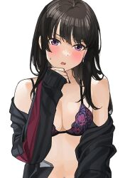 black-haired_gal_(tipii) black_hair black_jacket black_nails blush bra breasts cleavage collarbone commentary_request earrings female floral_print jacket jewelry long_hair medium_breasts multicolored_clothes multicolored_jacket navel navel_piercing open_clothes open_jacket open_mouth original piercing purple_bra purple_eyes red_jacket solo straight_hair sweatdrop tipii two-tone_jacket underwear wavy_mouth