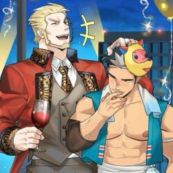 2boys abs alcohol bara bare_pectorals beard blush character_request chop_(ero_condo) couple da_thach ero_condo facial_hair full_beard happi headpat japanese_clothes kienbiu large_pectorals laughing male_focus mask mask_on_head mature_male multiple_boys muscular muscular_male necktie new_year nipples no_visible_genitalia official_alternate_costume one_eye_closed paid_reward_available pectorals short_hair sideburns sparse_arm_hair sparse_chest_hair stomach suit upper_body wine yaoi