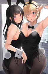 2girls animal_ears armpits black-haired_gal_(tipii) black_bow black_bowtie black_hair black_leotard black_pantyhose blonde_hair blue_eyes bow bowtie breasts cleavage commentary_request cowboy_shot detached_collar gal_girlfriend_(tipii) highres indoors leotard long_hair medium_breasts multiple_girls one_eye_closed original pantyhose playboy_bunny purple_eyes rabbit_ears rabbit_tail short_hair side-tie_leotard standing strapless strapless_leotard tail tipii wrist_cuffs