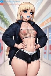 1futa ai_generated blonde_hair blue_eyes blue_lipstick earrings fishnet_topwear fishnets light-skinned_female light_skin lipstick necklace nipples sasakinsfw shorts solo solo_futa stable_diffusion