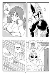 1girls 2boys admiring aerobics_woman_(dragon_ball_z) bald big_breasts black_and_white breasts cell_(dragon_ball) cleavage dragon_ball funsexydragonball long_hair master_roshi monochrome sunglasses