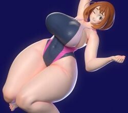 3d big_breasts blue_background boku_no_hero_academia gigantic_breasts gigantic_thighs long_legs massive_thighs my_hero_academia navel ochako_uraraka one-piece_swimsuit one_eye_closed simple_background smile swimsuit thick_hips thick_legs thick_thighs toenails usukeninja venus_body wide_hips