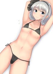 bikini black_bikini black_hairband black_ribbon blue_eyes bob_cut breasts female flat_chest flat_chested hair_ribbon hairband highres konpaku_youmu navel ribbon short_hair simple_background small_breasts solo sweat swimsuit touhou white_background white_hair youmu-kun youmu_konpaku