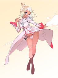 1futa animal_ears bar_censor blonde_hair breasts censored covered_navel d dark_skin erection final_fantasy final_fantasy_xiv futa_only futanari glasses gradient gradient_background highres intersex leaning_forward looking_at_viewer magic miqo'te panties penis semi-rimless_glasses short_hair solo solo_futa staff testicles tomoyuki_kotani underwear wide_sleeves