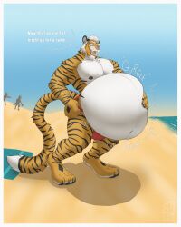 after_vore anthro asyr beach belly big_belly comic diamond_(marking) digestion eyewear felid fur glasses hi_res male mammal markings masterokami musclegut muscular muscular_anthro muscular_male nipples pantherine solo text tiger vore yellow_body yellow_fur