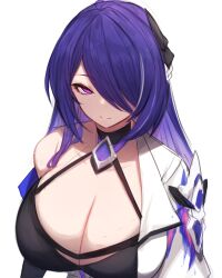 1girls acheron_(honkai:_star_rail) big_breasts calm cleavage cleavage_cutout cleavage_overflow female female_focus female_only hair honkai:_star_rail honkai_(series) large_breasts light-skinned_female light_skin long_hair looking_at_viewer looking_up one_eye_closed one_eye_covered one_eye_obstructed purple_eyes purple_hair rikuguma smile smiling smiling_at_viewer tagme