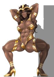 arms_behind_head bleach brown_hair curly_hair dark_skinned_female franceska_mila_rose gold hair_ornament mila_rose muscle muscular_female soyuzu sweat