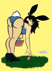 ass ass ass_focus ass_out ass_up bending_forward bending_over bent_over big_ass big_butt black_hair blue_eyes bunny_ears bunny_girl bunny_tail bunnysuit easter fishnet_stockings fishnets smiling_at_viewer tricktownsend(artist)