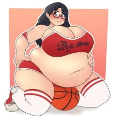 1girls 2b_labs ass_expansion basketball belly_expansion big_ass big_belly big_breasts black_hair breast_expansion cleavage glasses light-skinned_female long_hair navel shoulder_pads sneakers sports_bra sports_shorts sportswear thighhighs