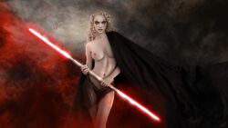 athletic_female belly_button black_cape blonde_female blonde_hair blonde_hair_female curly_hair curvy darth_zannah eyeliner eyeshadow holding_object holding_weapon lightsaber long_hair one_breast_out pale-skinned_female pale_skin pale_skinned_female pink_nipples serious_look solo_female star_wars thin_arms thin_eyebrows thin_female thin_waist topless_female vemiart wavy_hair white_female yellow_eyes