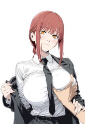 ai_generated big_breasts blush bob_cut bra breast_grab breast_squeeze breast_squish chainsaw_man choku_to-san_no_kyonyū glowing_eyes grabbing_arm grabbing_breasts groping horny horny_female long_hair looking_at_viewer makima_(chainsaw_man) office_lady open_jacket red_hair smiling smiling_at_viewer