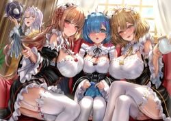 4girls ahoge anis_(nikke) atai_(artist) big_breasts blonde_hair blue_eyes blue_hair blue_nails blush bob_cut breasts brown_hair cleavage couch crossover detached_sleeves duster eyebrows female female_only fingernails garter_straps glasses goddess_of_victory:_nikke hair_covering_eye hair_ornament highres holding_object holding_weapon huge_breasts light-skinned_female long_hair looking_at_viewer maid maid_headdress maid_uniform nail_polish neon_(nikke) open_mouth orange_eyes pink_nails rapi_(nikke) re:zero_kara_hajimeru_isekai_seikatsu red_eyes rem_(re:zero) short_hair sitting sitting_on_couch sparkles stockings thighhighs white_hair white_thighhighs window yellow_nails