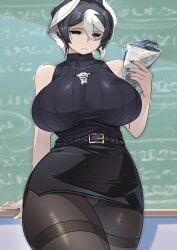 alternate_costume big_breasts black_and_white_hair black_eyes black_nails blackboard classroom curvy female female_only fully_clothed hair_between_eyes half-closed_eyes hi_res hourglass_figure huge_breasts kingofbandit156 made_in_abyss mature mature_female miniskirt nail_polish necklace ozen pale-skinned_female pale_skin pantyhose pencil_skirt reading ribbed_sweater shaded_face short_hair sleeveless solo sweater teacher textless_version thighband_pantyhose turtleneck two_tone_hair upskirt whistle_around_neck wide_hips