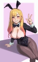 1girls big_breasts black_bunnysuit blonde_hair bowtie breasts bunny_ears bunnysuit cleavage fake_animal_ears female female_focus female_only kitagawa_marin large_breasts leotard looking_at_viewer pale-skinned_female pale_skin pantyhose peace_sign rizdraws solo solo_female solo_focus sono_bisque_doll_wa_koi_wo_suru source_request v v_sign year_request