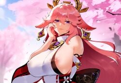 1girls ai_generated areola_slip fox_ears fox_girl genshin_impact henrik_n huge_breasts light-skinned_female looking_at_viewer naughty_face novelai pale-skinned_female solo thiccwithaq_(ai_style) yae_miko