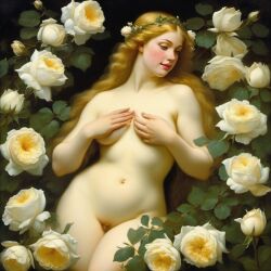 ai_generated belly blonde_hair blue_eyes breasts curly_hair curvy female flower flowers lips long_hair medium_breasts navel nude presenting pubic_hair realistic rose_(flower) smile solo white_rose william_bouguereau