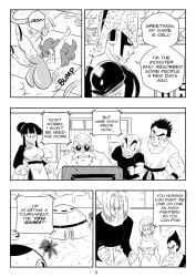 3girls 6boys aerobics_woman_(dragon_ball_z) big_breasts black_and_white breasts bulma bulma_(dragon_ball) bulma_briefs cell_(dragon_ball) chichi dragon_ball funsexydragonball krillin kuririn master_roshi monochrome muten_roushi sunglasses sweat sweatdrop trunks_(dragon_ball) trunks_briefs tv vegeta yamcha