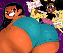 2girls big_ass big_butt black_skin blue_shorts casey_calderon disney fat_ass female looking_at_viewer looking_back lunella_lafayette marvel marvel_comics moon_girl_and_devil_dinosaur multiple_girls ota_(artist) smile smiling smiling_at_viewer text twerk twerking young younger_female