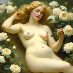 ai_generated belly blonde_hair blue_eyes breasts curly_hair curvy female flower flowers lips long_hair medium_breasts navel nipples nude presenting realistic rose_(flower) smile solo white_rose william_bouguereau