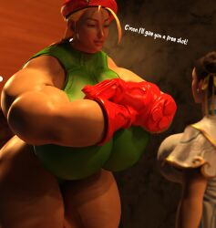 2girls 3d ass beret biceps big_biceps big_breasts bodybuilder bully bullying cammy_white capcom chun-li curvaceous curvy curvy_figure endlessrain0110 english_text extreme_muscles female female_human female_only fighting_gloves fit fit_female flexing gloves headwear height_difference hips huge_breasts human large_ass large_breasts larger_female legs light-skinned_female light_skin looking_down multiple_girls muscular muscular_female red_beret red_gloves size_difference slim_waist solo_focus street_fighter street_fighter_6 text voluptuous voluptuous_female waist wide_hips