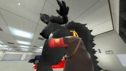 1boy 1girls 4_fingers anthro ass_grab black_hair black_skin blue_eyes breasts eating_ass face_in_ass garry's_mod godzilla godzilla_(series) hands_on_hips human human_on_anthro kaiju large_breasts larger_female long_tail looking_back monsterverse rimming rule_63 scalie sniper_(team_fortress_2) straight surprised tagme team_fortress_2