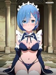 1girls ai_generated blesseddo blue_eyes blue_hair cleavage looking_at_viewer maid re:zero_kara_hajimeru_isekai_seikatsu rem_(re:zero) short_hair stockings