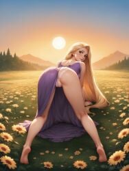 ai_generated angel_light angel_light_(artist) ass behind blonde_hair cameltoe disney disney_princess dress feet from green_eyes kneeling panties princess rapunzel tangled