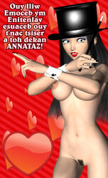 3d areola backwards_text blue_eyes breasts dc erect_nipples female female_only human magic_wand nipples pussy red_lipstick sailmaster-seion solo tagme top_hat valentine's_day wand zatanna