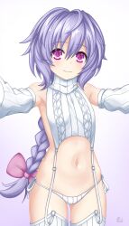 armpits arms_up bare_midriff bare_shoulders blush braided_ponytail dhiparizky front_view hair_ribbon light-skinned_female long_hair looking_at_viewer neptunia_(series) panties partially_clothed petite pink_eyes plutia purple_hair shiny simple_background small_breasts smile solo thighhighs thighs virgin_killer_sweater