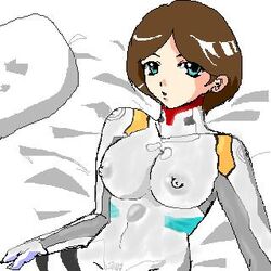 1girls artist_request bodysuit breasts brown_hair emma_sheen female gundam human large_breasts light-skinned_female light_skin low_res nipples pilot_suit plugsuit short_hair solo zeta_gundam