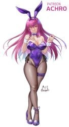 1girls achromaru breasts bunny_ears bunny_girl bunnysuit fate/grand_order fate_(series) female fishnets high_heels huge_breasts light-skinned_female long_hair purple_eyes purple_hair scathach_(fate) thick_thighs