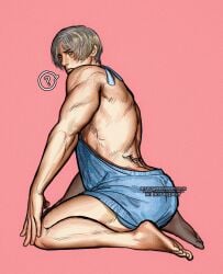 ? embarrassed flustered highres leon_scott_kennedy looking_at_viewer male_only muscular_male no_visible_genitalia pinup resident_evil resident_evil_2 resident_evil_2_remake resident_evil_4 resident_evil_4_remake revealing_clothes revealing_outfit suggestive tramp_stamp umikochannart virgin_killer_sweater