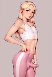 1boy 1femboy ai_generated androgynous ass better_than_girls blonde_hair blush bulge bulge_through_clothing cute cute_male erection erection_under_clothes femboy femboy_only feminine feminine_male feminine_pose girly grey_background hand_on_hip light-skinned_male light_skin long_hair looking_at_viewer male male_only midriff navel original original_character penis penis_outline phoenixeugene pose posing side_view simple_background slender_waist solo solo_focus solo_male stable_diffusion standing tank_top thighs tight_pants trap