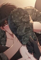 2boys absurdres blush brown_eyes brown_hair camouflage camouflage_headwear camouflage_shirt covered_penis cum floor head_out_of_frame highres ilay_riegrow implied_fellatio indoors jeong_taeui looking_at_viewer male_focus multiple_boys o_ssion passion_(manhwa) pov shirt short_hair tan yaoi