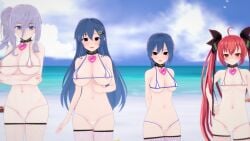 4girls ass beach belly big_breasts bikini breasts collar date_a_live female_only itsuka_kotori itsuka_shiori light-skinned_female multiple_girls murasame_reine takamiya_mana