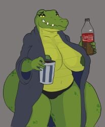 big_breasts coca-cola cocodrile female green_body green_skin lizard mature_female panties robe sergiopainter slightly_chubby soda tail wide_hips