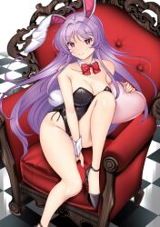 animal_ears bare_legs black_footwear black_leotard bow bowtie breasts cleavage commentary_request couch detached_collar female hataraki_kuma large_breasts leotard light_purple_hair long_hair looking_at_viewer playboy_bunny rabbit_ears rabbit_tail red_bow red_bowtie red_eyes reisen_udongein_inaba smile solo strapless strapless_leotard tail touhou very_long_hair wrist_cuffs