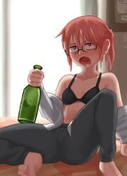 1girls 2022 alternate_version_available black_bra black_glasses black_pants blush blush_lines bottomwear bra breasts cleavage clothing drunk eyewear feet female female_focus female_only flat_chest glass glasses holding_drink kobayashi miss_kobayashi's_dragon_maid no_text no_text_version open_shirt pants red_eyes red_hair shirt small_breasts solo solo_female tap34 textless textless_version topwear white_shirt