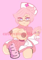 cookie_run cuteycaterpillar doctor holding_sex_toy looking_at_viewer nurse nurse_cap nurse_clothing nurse_uniform pink_cream_roll_cookie smile smiling_at_viewer